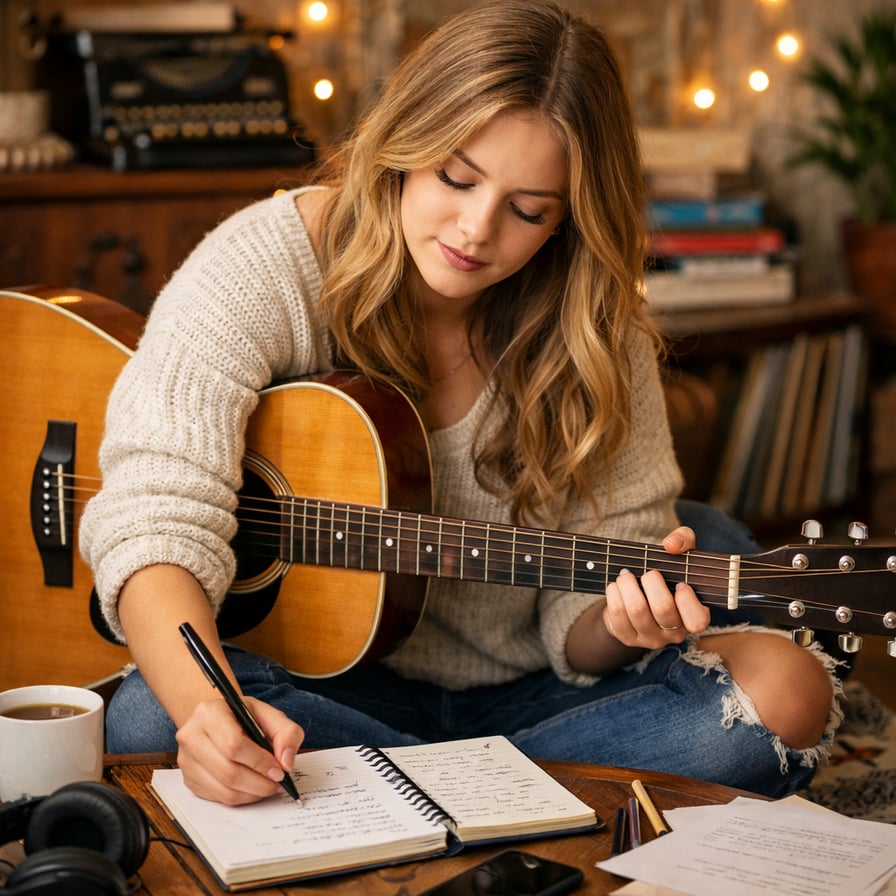 Caucasian Girl Playing Acoustic Guitar